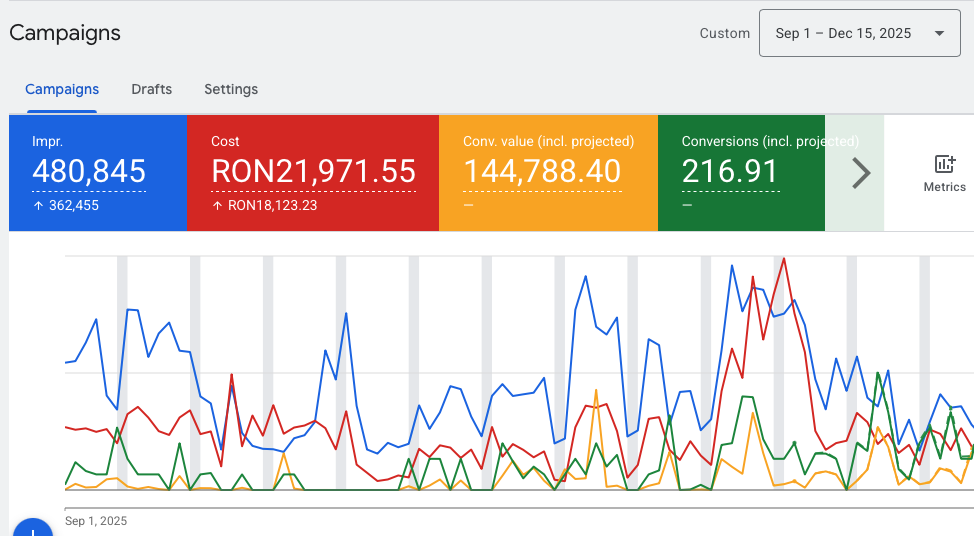 Google Ads rezultate - RON21,971 investiți, RON144,788 vânzări, 216 conversii