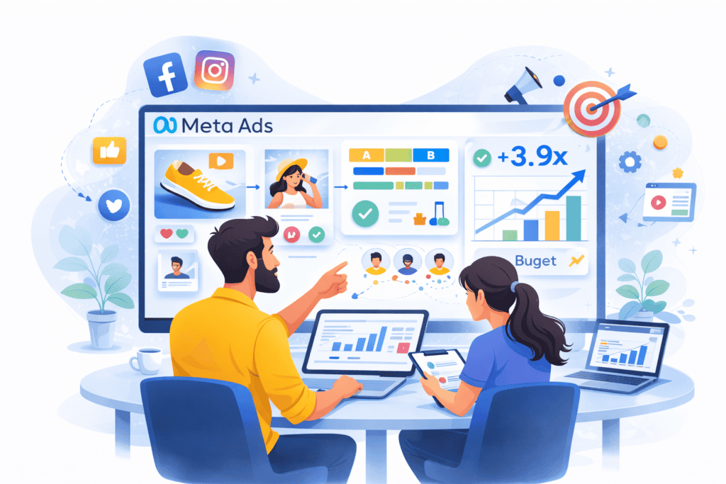 Digital marketing analysis with data charts and social media icons.