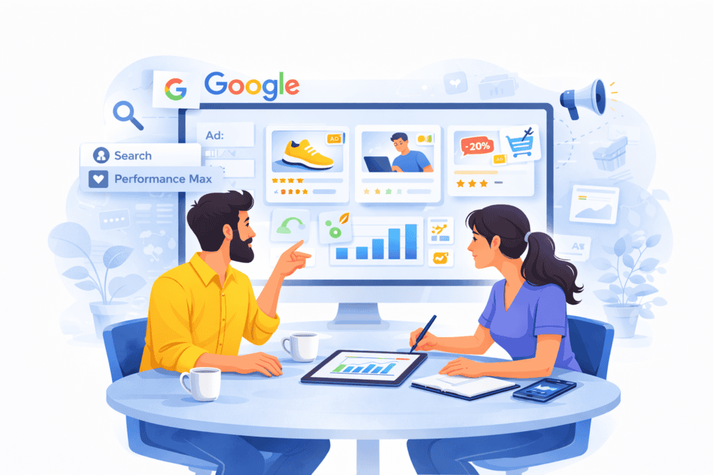 Digital marketing consultation with experts analyzing Google Ads and SEO strategies.