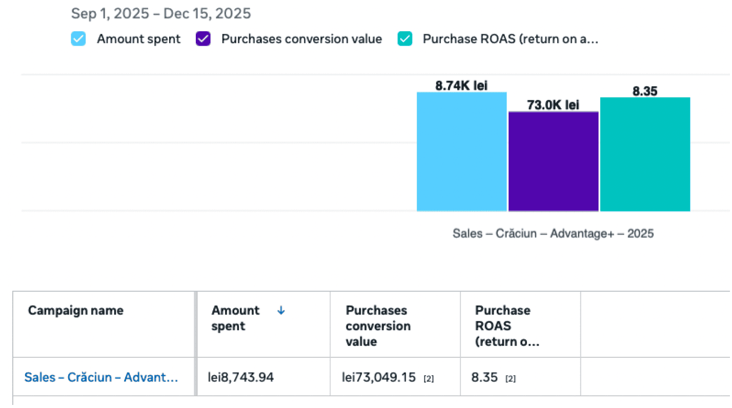 Meta Ads rezultate - 8.74K lei investiți, 73K lei vânzări, ROAS 8.35